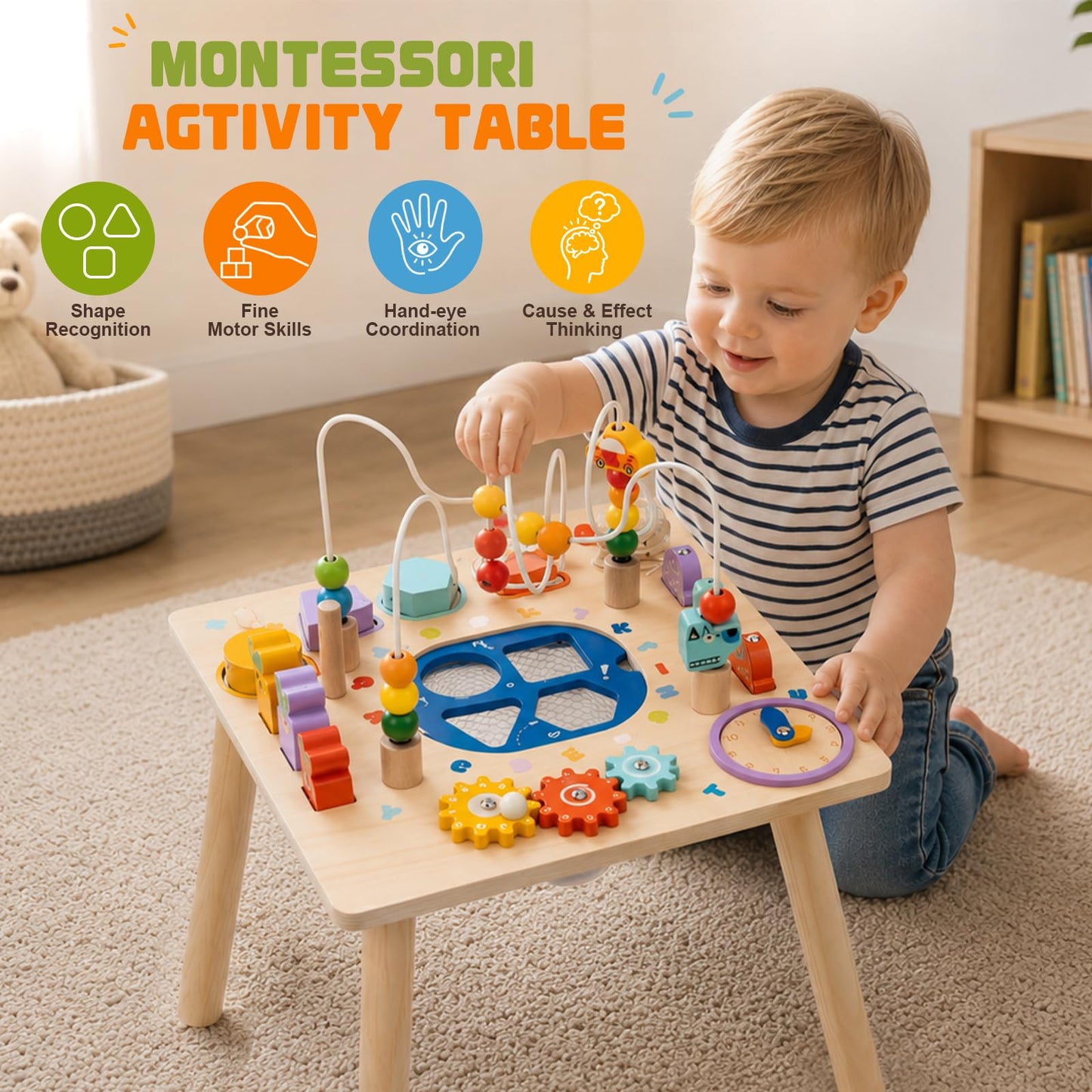 SJSYCSE Baby Activity Table for 1 Year Old, Wooden Sensory Table Activity Center with Bead Maze with Shape Sorter Fishing Game, 8 in 1 Learning Toys for Baby 12+ Months Boys Girls Gifts