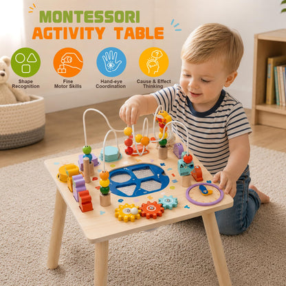 SJSYCSE Baby Activity Table for 1 Year Old, Wooden Sensory Table Activity Center with Bead Maze with Shape Sorter Fishing Game, 8 in 1 Learning Toys for Baby 12+ Months Boys Girls Gifts