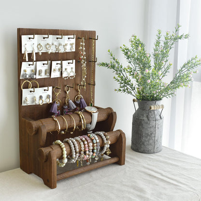 Ikee Design 18 Hooks and 2 Removable Bars Wood Jewelry Holder Organizer Stand, Earring Bracelet Jewelry Display Stand Organizer, Necklace Bracelet Holder, Brown Color