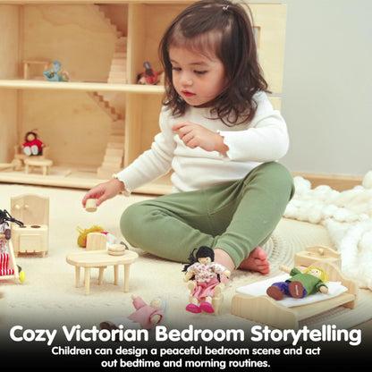 PlanToys® Wooden Victorian Bathroom & Bedroom Dollhouse Furniture Set | Montessori 1:12 Scale Pretend Play Bundle for Daily Routines, Self Care, Rest & Eco Friendly Storytelling Play