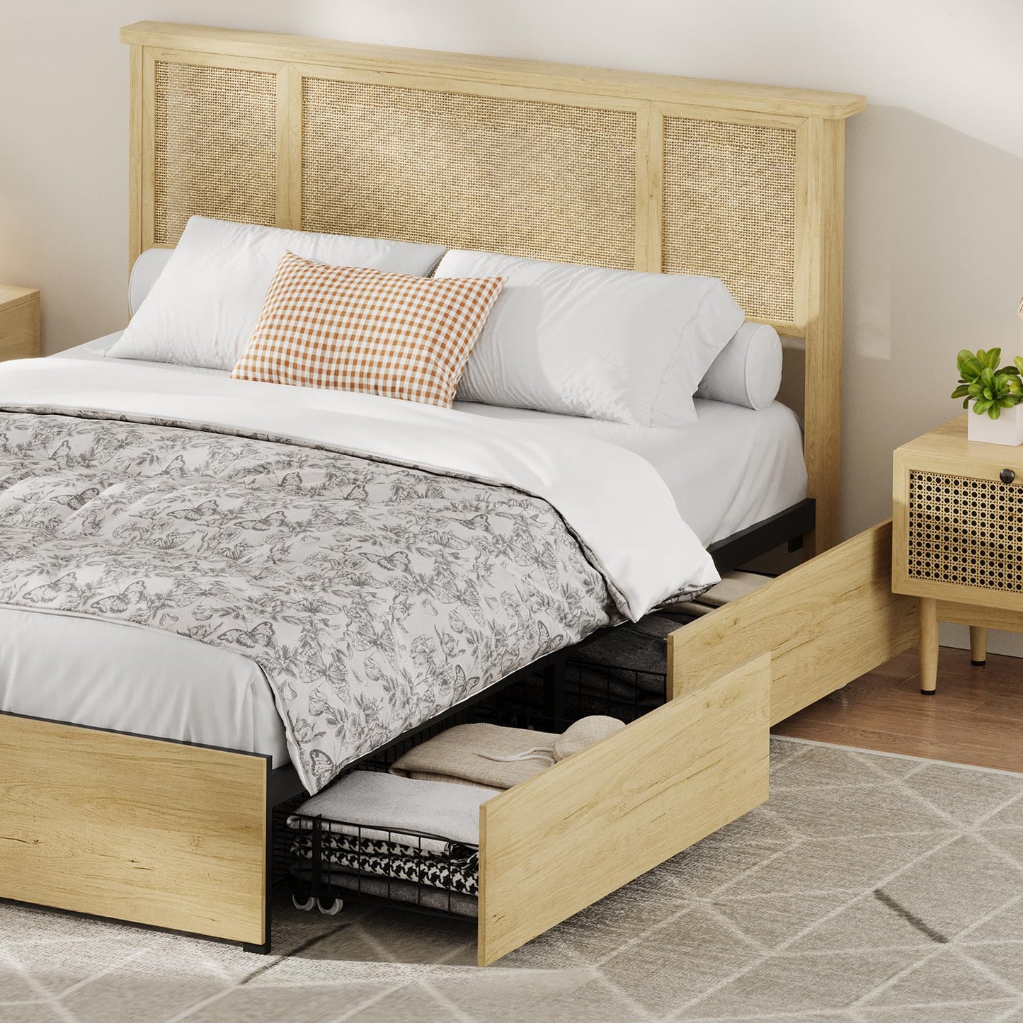 GAOMON Full Size Rattan Bed Frame with Natural Woven Headboard, Strong Wooden Slats and Metal Platform Base, Quiet Design, No Box Spring Required, 4 Storage Drawers