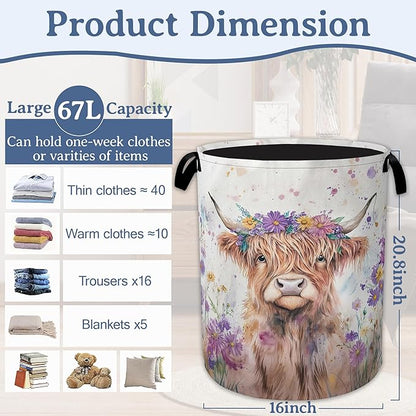 Highland Cow Laundry Basket, Foldable Oxford Cloth Flower Funny Laundry Hamper