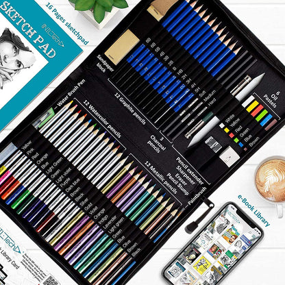 NIL - TECH 55-Piece Drawing Pencil Set – Colored, Graphite & Charcoal Pencils with Case & eBook – Art Supplies Kit for Beginners, Students & Adults – Sketching, Shading & School Gift Set