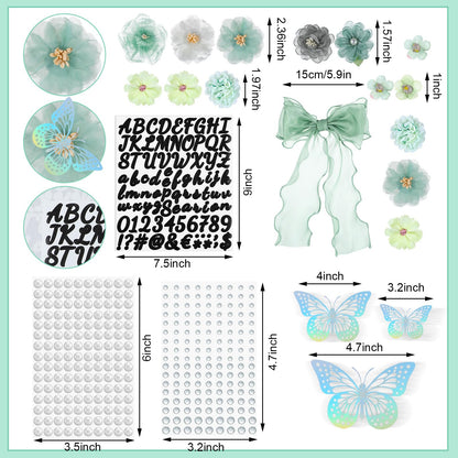 Solsew 35 Pcs DIY Graduation Cap Decorations Accessory Kit, 3D Artificial Flowers, Butterfly & Alphabet Letter Stickers, Pearl Stickers, Bowknot for Grad Hats Decor(Green)