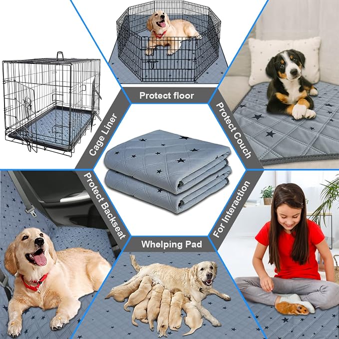 RIOUSSI Washable Pee Pads for Dogs, Reusable, Absorbent, Leakproof, Non Slip Pet Puppy Pads for Potty Training. Gray Stars, 36x72 Inch(2pack)
