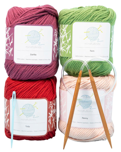 mindfulknits - Beginners Washcloth Knitting Kit - Includes 100% Cotton Knitting Yarn + Circular Knitting Needles & Yarn Needle (Flora Colored Cotton Yarn) - Mindful Crafting Kit