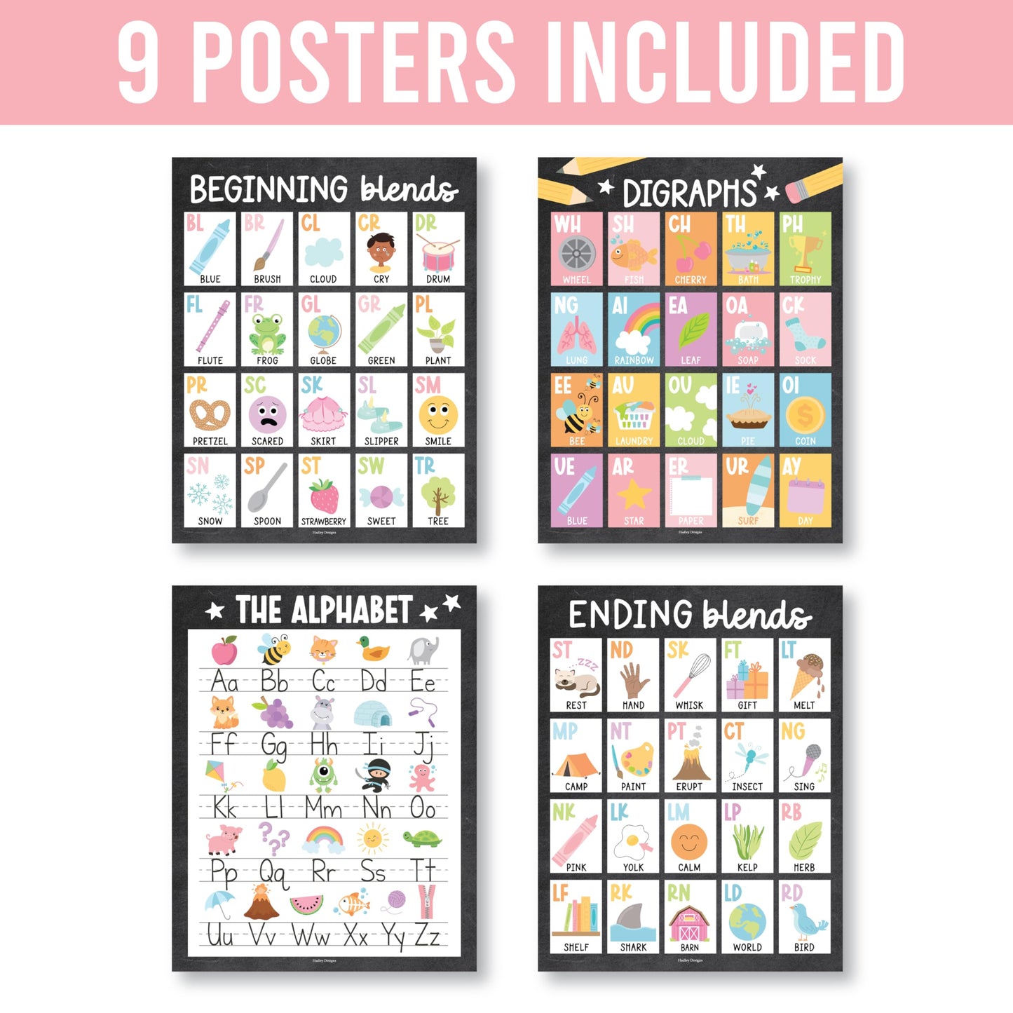 Hadley Designs Phonics Posters for Classroom Must Haves - 9 Sound Wall for Kindergarten & Elementary Teacher Supplies, Syllable, Vowels, Digraphs & Blends Bulletin Board Set, Chalkboard Classrom Decor