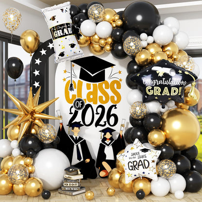 Graduation Balloon Arch Garland Kit 2026, Black Gold Confetti White Graduation Decorations with Foil Grad Cap Diploma Star Balloons for Congrats Class of 2026 Graduates Celebrations Party Decorations