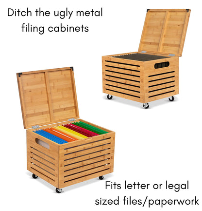 BIRDROCK HOME Rolling File Storage Organizer Box with Lid - Bamboo Decorative Wood Hanging File Box for Letter/Legal Documents, Binders, Blankets - Durable Office Organizer - Natural