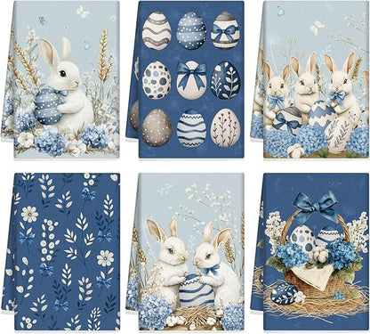 Breling Set of 6 Easter Decorations Easter Kitchen Towels Blue Rabbits Bunny