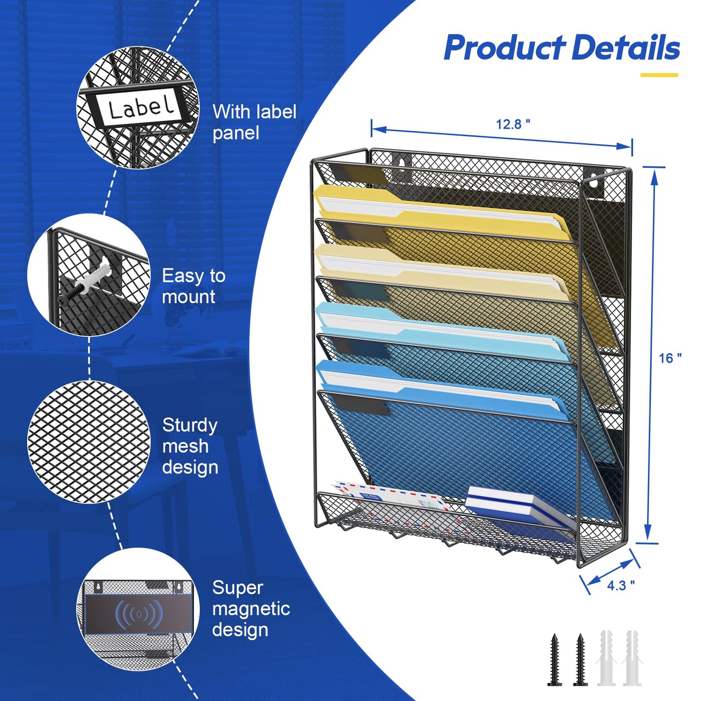 samstar Magnetic Wall File Holder, 6-Tier Hanging Wall File Organizer Wall Mount Paper File Folder Mail Organizer for Office/School, Magnetic