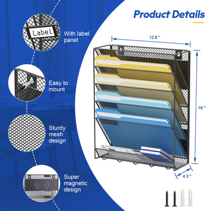 samstar Magnetic Wall File Holder, 6-Tier Hanging Wall File Organizer Wall Mount Paper File Folder Mail Organizer for Office/School, Magnetic