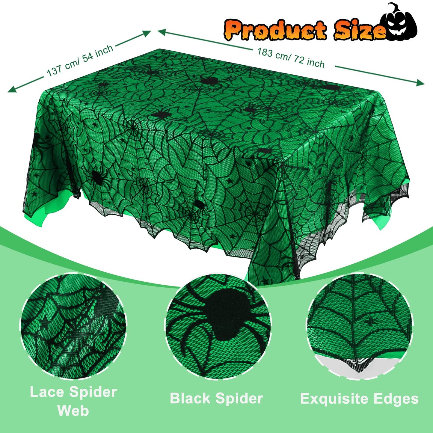 DEYIXUN 2Pcs Halloween Tablecloths, Black Lace & Green Lined Rectangular Table Cloth, Spider Web Table Cover for Scary Halloween Table Decorations Indoor, 54 x 72 Inch