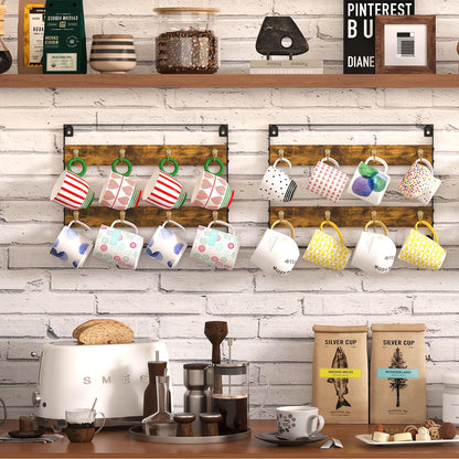 Huxitocan Wall Mount Coffee Mug Holder - Rustic Wood and Iron, Holds Up to 24 Mugs (3Pack) for Kitchen, Home, Coffee Bar