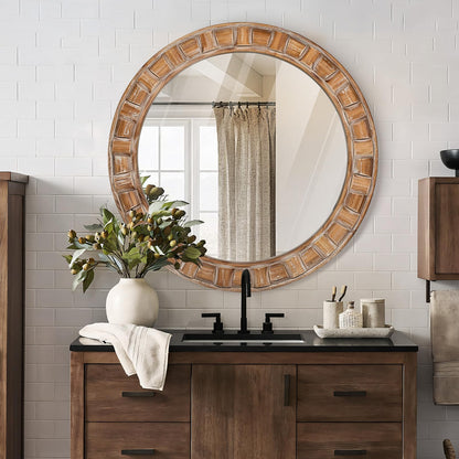 XGGJWW 30 Inch Brown Solid Wood Round Wall Mirrors, Decorative Circle Mirror for Bathroom, Bedroom, Living Room, Hallway, Foyer, Entryway
