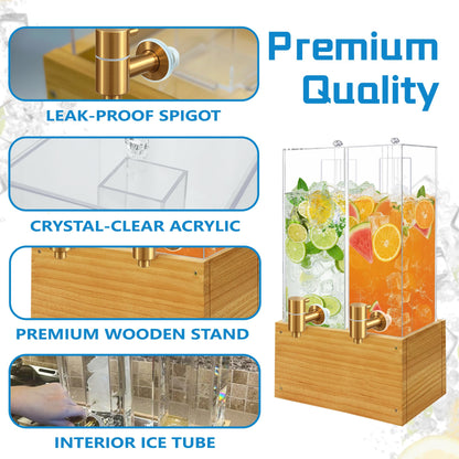2 Pack 2 Gallon Drink Dispenser, Large Drink Dispenser with Wood Stand, Beverage Dispenser with Ice Core and Airtight Valve, Drink Dispensers for Parties