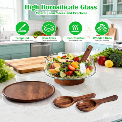 Airsent Extra Large Glass Salad Bowl with Lid Set, 5-Qt (160 fl oz) Mixing/Serving Bowl with Wood Base & Salad Servers, Trifle Bowl for Kitchen, Parties & Christmas