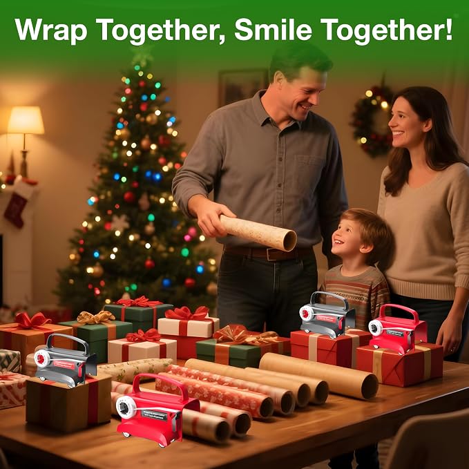 Wraprocut (2-Pack) Wheel Wrapping Paper Cutter & Tape Dispenser with 4 Tapes，2 Replace Blades Kit for Christmas Gift Wrap Cutter Tool Paper Roll Holder Tube Sliding Slicing for Birthday Holiday.