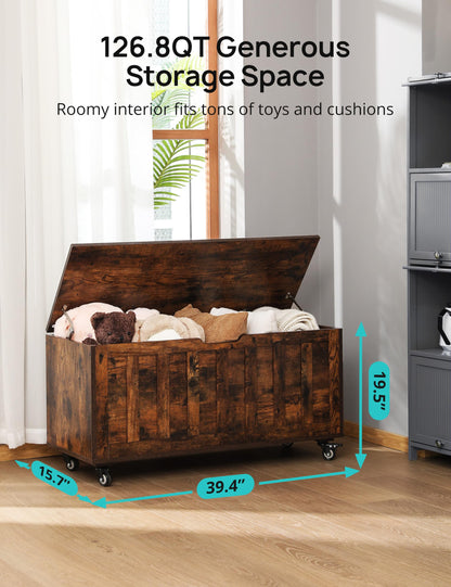 HYZ Storage Chest, 39.4'' Wooden Storage Bench with 4 Wheels & 2 Safety Hinges, Retro Toy Box Support 300 lbs for Bedroom, Living Room, Easy Assembly, Rustic Brown