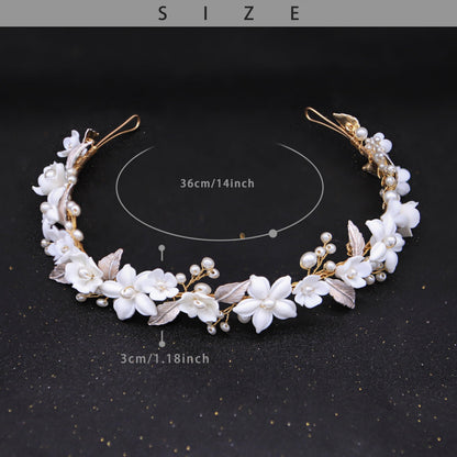 Oriamour Wedding Headbands With Ceramic Flowers Bridal Wedding Headpieces For Women Girls Pearls Headband With Leaves Desgin (Gold)