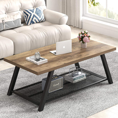 FOLUBAN Coffee Table with Storage, Modern Rustic Wood and Metal Coffee Tables for Living Room, Industrial 2-Tier Center Tea Cocktail Table, Oak, 47 Inch