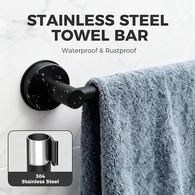 Adjustable Suction Cup Towel Bar for Bathroom Wall,17 Inch~29 Inch Towel Racks for Bathroom,Stainless Steel Bath Towel Holder for Shower,2 Pack(Matte Black)