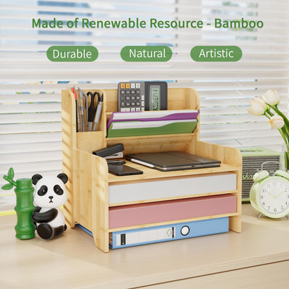 Desk File Organizer - 6-Tier Desktop Mail Letter Tray Paper Document Organizer with Pen Holder for Home Office Supplies, Office Desk Accessories & Workspace (Nature)