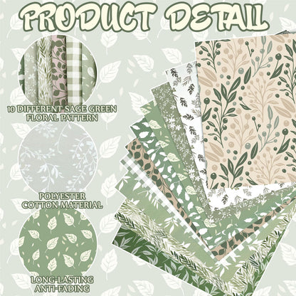 Hahafelt 10 Pcs Sage Green Quilting Fabric by The Yard 20 x 20 Inch Vintage Green Greenery Square Fabric Gingham Fat Quarters Bundle Material Precut Patchwork for Summer DIY Sewing Craft Supplies