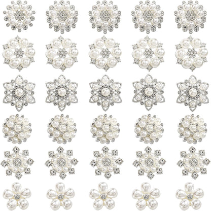 Frcctre 30 Pack Pearl Rhinestone Buttons, 6 Styles Embellishments Button Faux Pearl Button, Flat Back Flower Crystal Buttons for DIY Craft Jewelry Making Wedding Bridal Bouquet Party Home Decoration