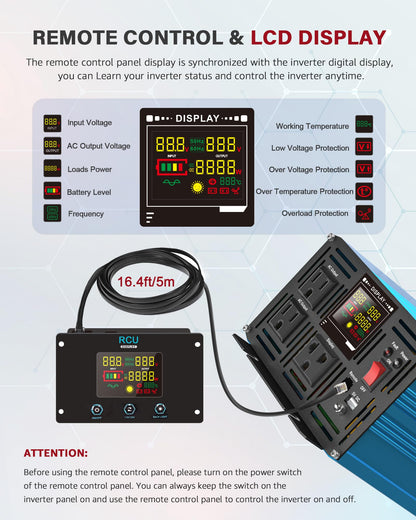 LCYMW 2000 Watt Inverter Pure Sine Wave DC 12V to 110V AC Power Inverters with 3 AC Charger Outlets, Car Inverter Solar Power Inverters for Vehicles Home with LCD Display and 2.4A USB Charging Ports