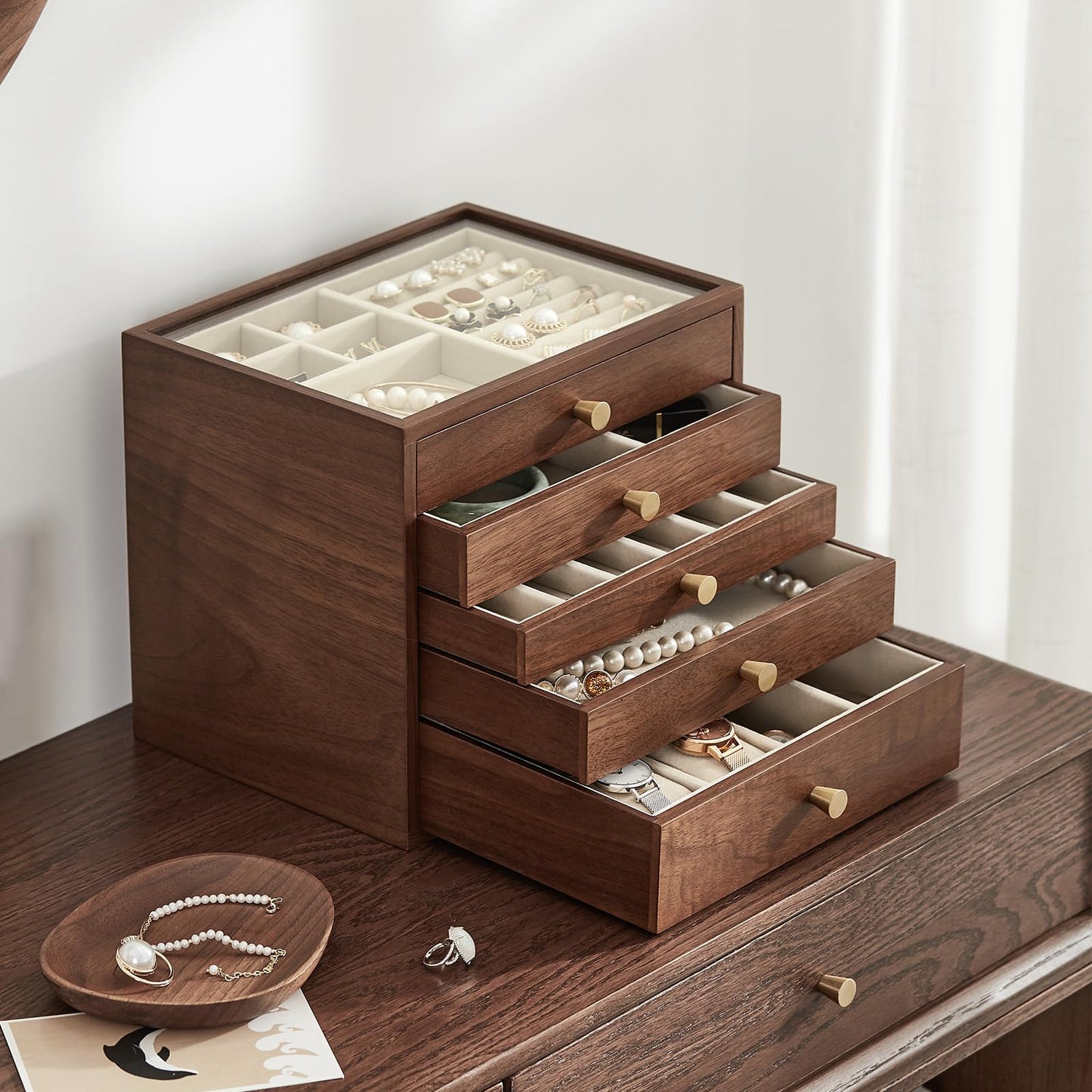 CHOSIN Black Walnut Wooden Jewelry Box Women large 5 Level Drawer Organizer Box with Glass Lid for Necklaces Watch Necklace Ring Earring Storage, Ideal Gift for Her, Fathers Day Gift