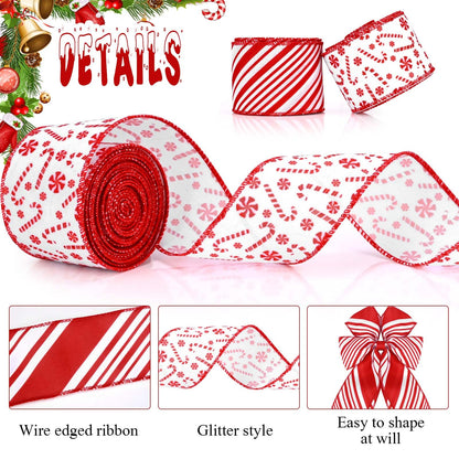2 Rolls 12 Yards Christmas Candy Cane Wired Edge Ribbons Red White Stripes Burlap Fabric Craft Ribbons for Xmax Craft Wreath Bow Making Gift Wrapping Christmas Tree Decoration Supplies, 2.5 Inch