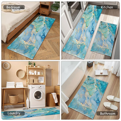 Teal Kitchen Rugs Sets of 2 Non Slip Blue Gold Turquoise Marble Kitchen Mats for Floor with Rubber Backing Washable Kitchen Runner Rug Carpet 17"x47"+17"x30" for Hallway Laundry