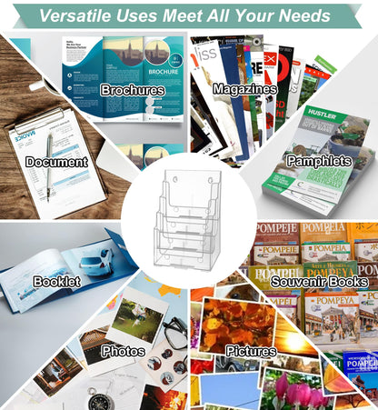 Argvey Acrylic Brochure Holder 8.5 x 11 inches, 4 Tier Clear Brochure Display Stand with Removable Divider for Trifold 4 Inches Wide Pamphlet, Plastic Flyer Holder for Magazine, Literature, Booklet