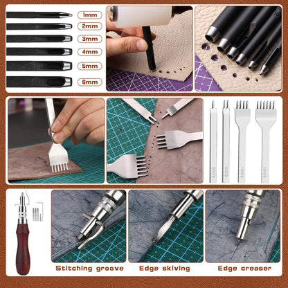 TLKKUE Leather Working Tool Leatherworking Tool Kit with Custom Storage Bag for Carving Punching Sewing Stamping, Essential Supplies for DIY Leather Crafts