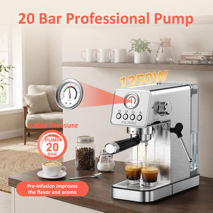 AYCHIRO 20 Bar Semi-Automatic Espresso Machine, Adjustable Espresso Machine with Pressure Gauge, Compact Espresso Maker with Steam Wand, Cup Warmer for Home & Office