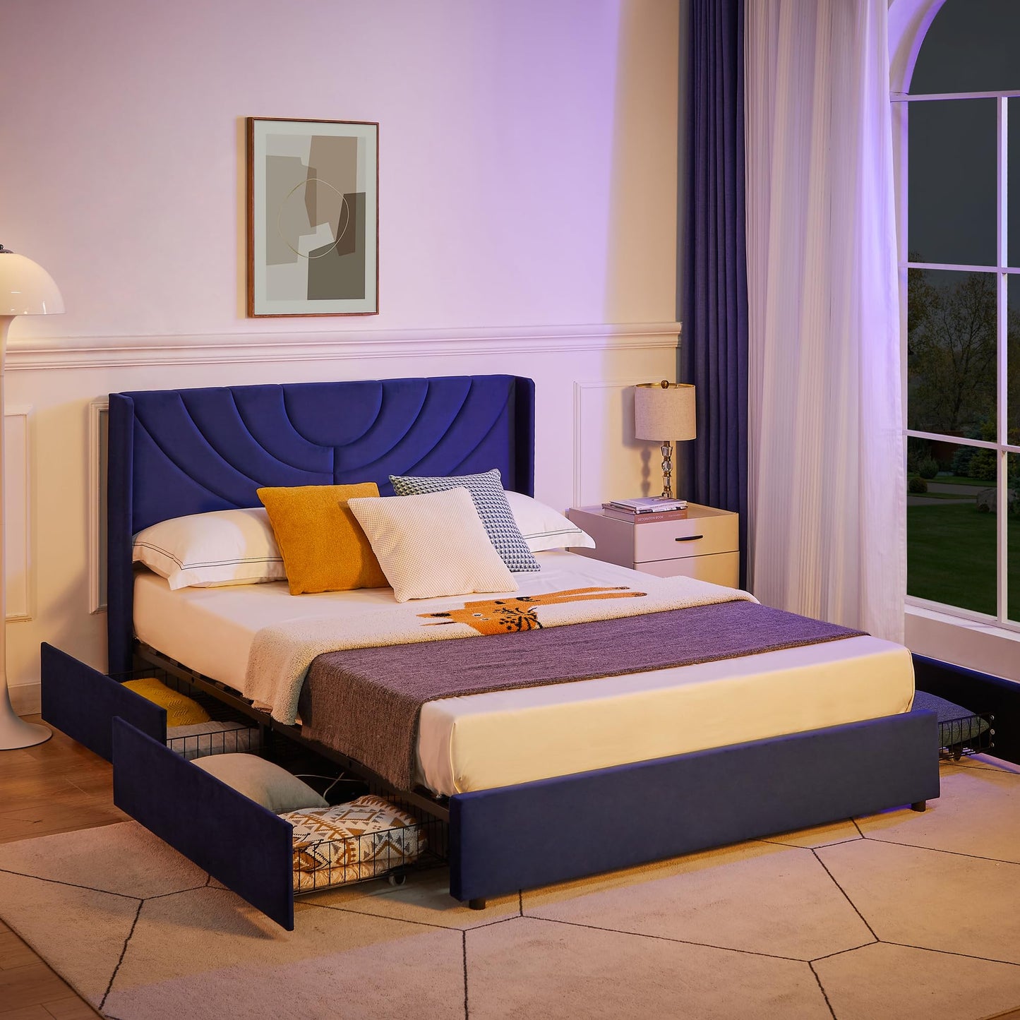 VECELO Upholstered Platform Queen Bed Frame with 4 Storage Drawers & Wave Fabric Headboard,Wooden Slats Support/No Box Spring Needed/Mattress Foundation/Easy Assembly,Dark Blue
