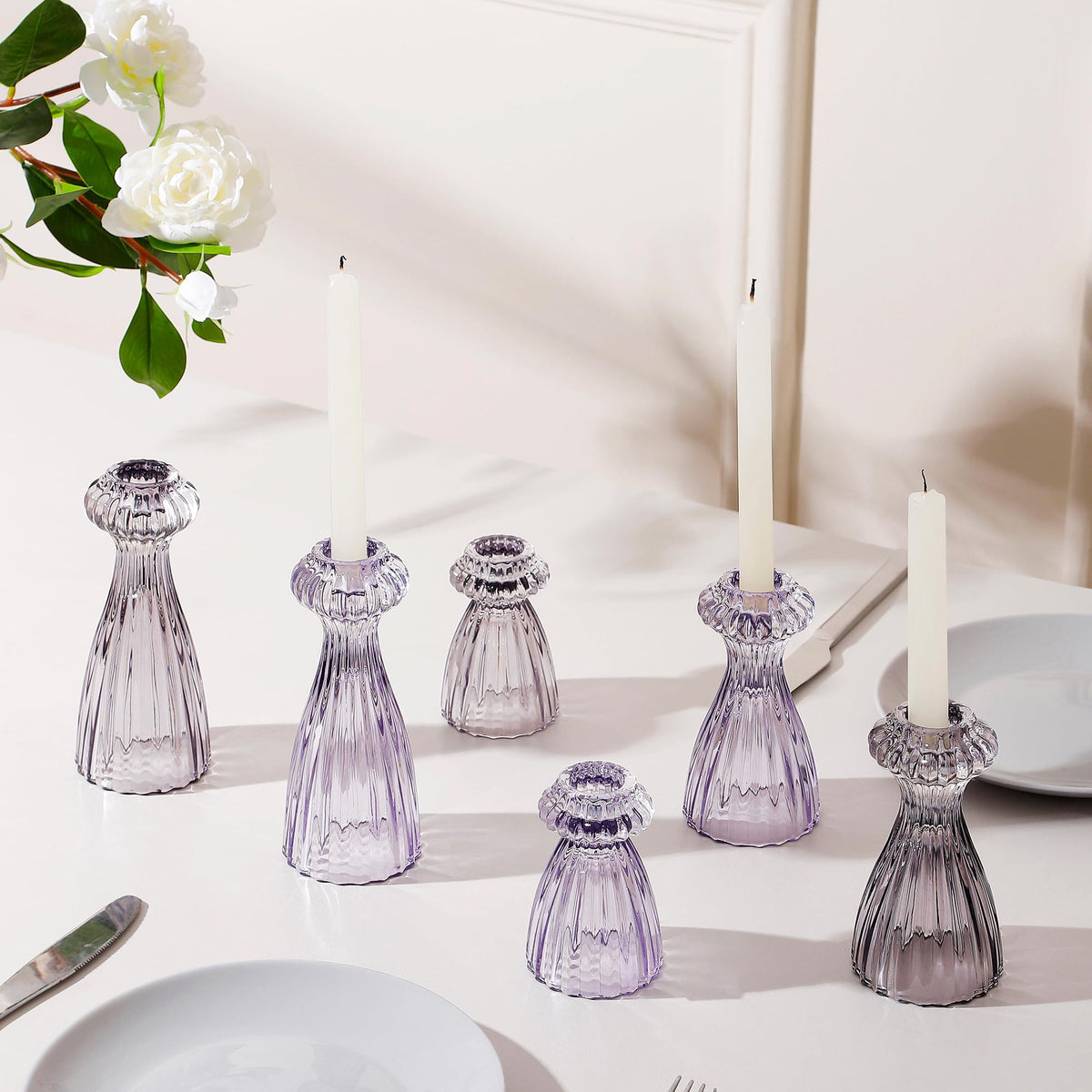 Lysenn Glass Candle Stick Holder Set of 3 – Premium Taper Candle Holders for Romantic Ambiance - Candle Sticks Holder Decor for Special Occasions - Purple
