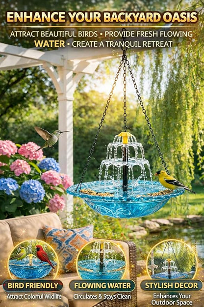 Solar Cascade Hanging Bird Bath Fountain, 2026 New Outdoor Hanging Bird Bath with Solar Fountain, Large Humming Birds Baths Fountains, with Solars Pump & Glass Bowl, for Outdoor, Gardens (#9)