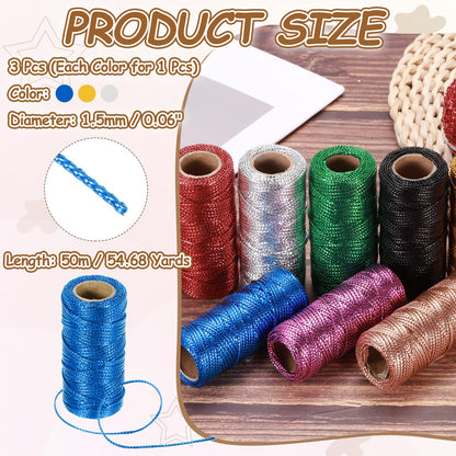 HARFINGTON 3 Roll 1.5mm Metallic String, 16 Ply Decorative Metallic Bakers Twine Thread Cord Rope for Gift Wrapping DIY Crafts Making Decor, Gold Tone/Silver Tone/Blue, 164Yards Total