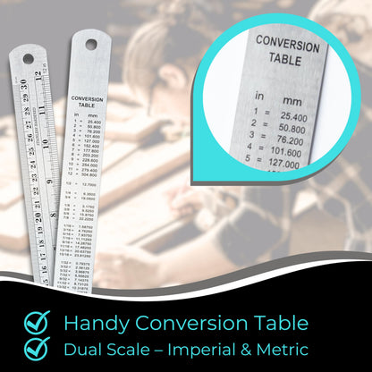NOKKO Metal Ruler 12 Inch - Pack of 10 - Measuring Set of 12-Inch / 30 cm Stainless Steel Rulers with Imperial & Metric Measurements & Conversion Table - Metal Straight Edge Ruler for Cutting
