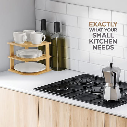 2-Pack Plate Organizer for Cabinet - 3 Tier Bamboo Corner Cabinet Organizer Shelf for Plates Bowls Mugs Cups, Kitchen Cabinet Organizer, Cabinet Shelf Organizer, Countertop Rack, 10 x 10 x 9.5 Inch