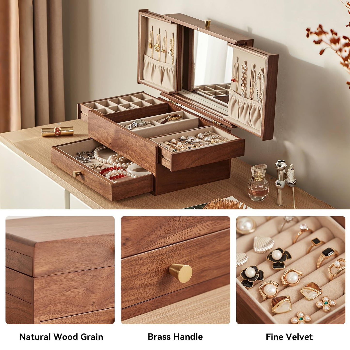 Homruilink Wooden Jewelry Box for Women, 3 Level Multi-functional Drawers Black Walnut Jewelry Organizer Box, Watch, Necklace, Ring, Earring Storage, Fathers Day Gift (With Mirror B)