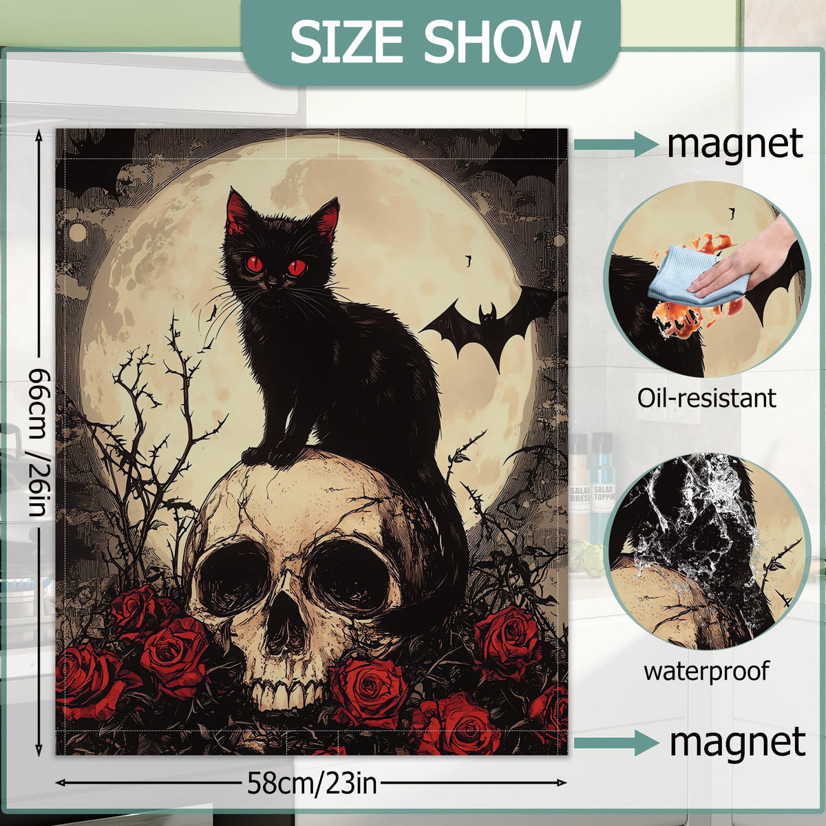 Gothic Black Cat Dishwasher Magnets Decorative Cover,Halloween Skull Flowers Waterproof Magnetic Dishwasher Cover Panel,Refrigerator Magnet Cover for Kitchen Home Decor 23x26 Inch