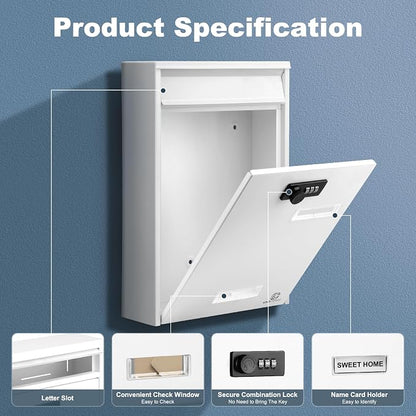 KINGCEPHAS Wall-Mounted Mailbox with Combination Lock,Small Capacity Mail Box for House, Waterproof Postbox,Mailboxes for Outside, 8.5” x 3” x 12.4” (White)