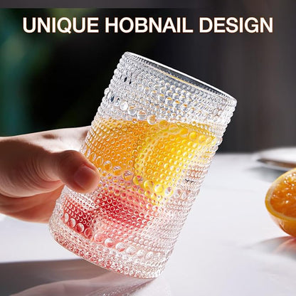 LUNA & MANTHA Drinking Water Glasses Set, Lead-Free Crystal Highball Glass, Tall Glass Cups for Cocktail Parties,Hobnail set of 8,15oz&12oz
