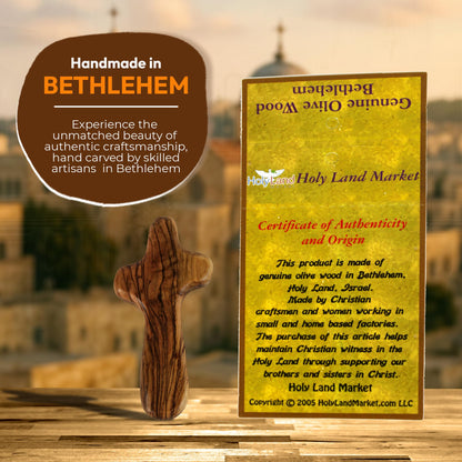 Holy Land Market 10 Olive Wood Comfort Crosses with Velvet Bags & Lord's Prayer Card - Palm Sized Hand Held Cross (4 in) - 10 Packs