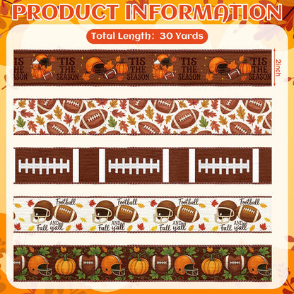 Juexica 6 Rolls Football Fall Wired Edge Ribbon 2 Inch x 30 Yards Brown Orange DIY Crafts Fabric Rustic Football Ribbons for Gift Wrapping Bows Party Wreath Floral Decoration Sewing Supplies