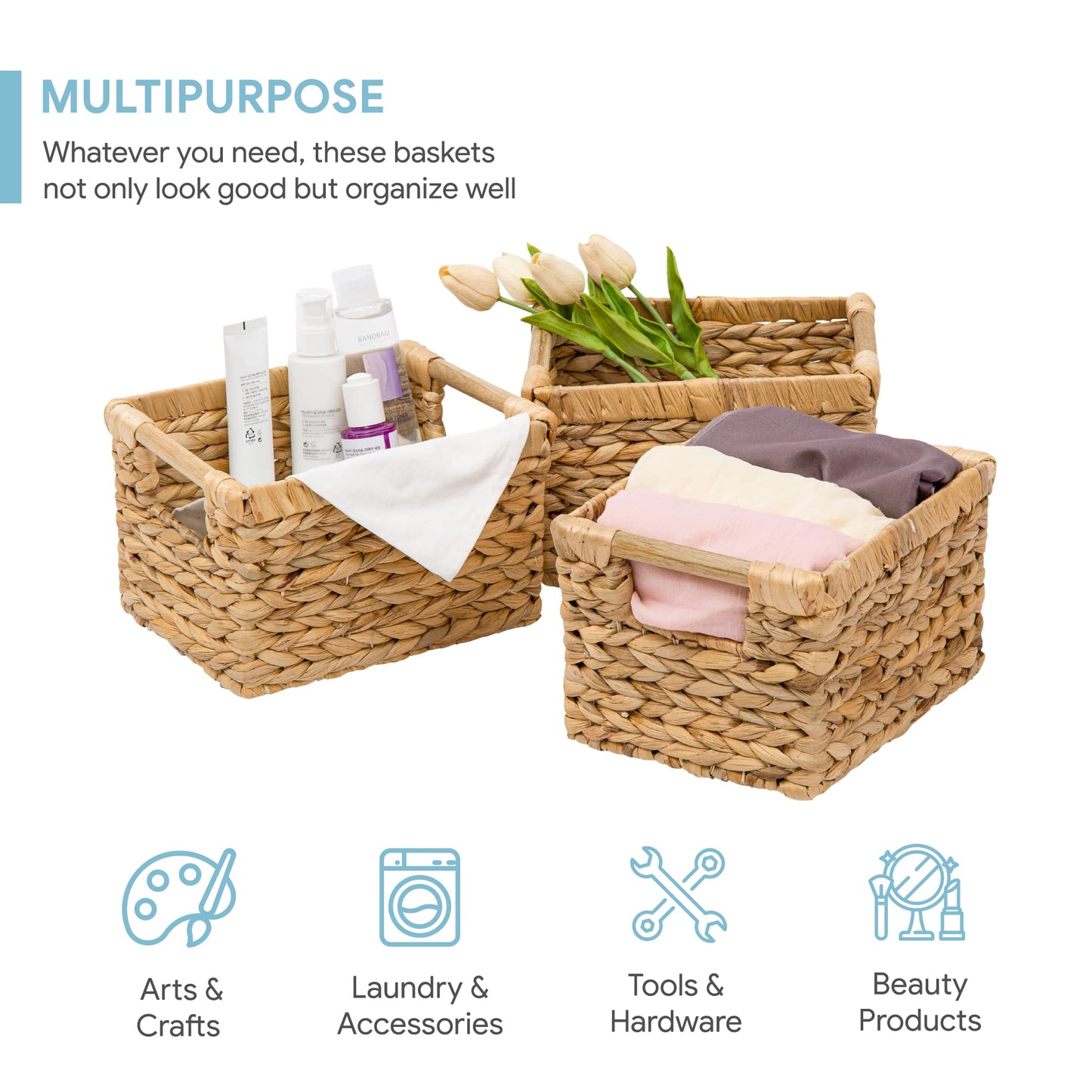 Small Wicker Baskets for Organizing Bathroom, Hyacinth Baskets for Storage, Wicker Storage Basket with Wooden Handle, Decorative Small Basket 10 x 7.5 x 6.3 inches - 3 Pack