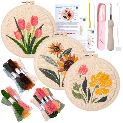 Peotclola Punch Needle Kit for Adults,3 Sets Punch Needle Kits Beginner DIY Embroidery Starter Set with Tools for Home Decoration, Family, Friends Gifts(Flowers)